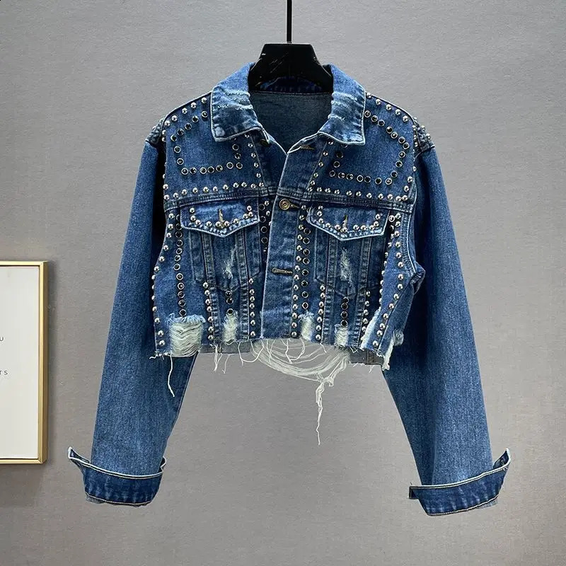 Spring and Fall Fashion for Women Heavy Industry Rivet Diamond Setting Denim Jacket Grinding Broken Beaded Denim Jacket Y2k 241223