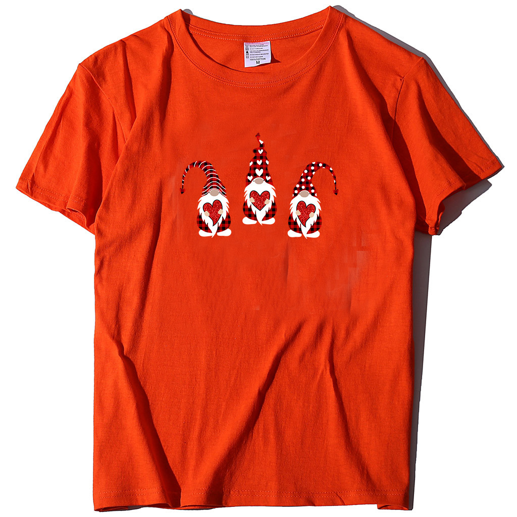 trendy T-shirt with three Santa Claus holding hearts printed multiple colors, available in cotton short sleeves dongdumaoyi