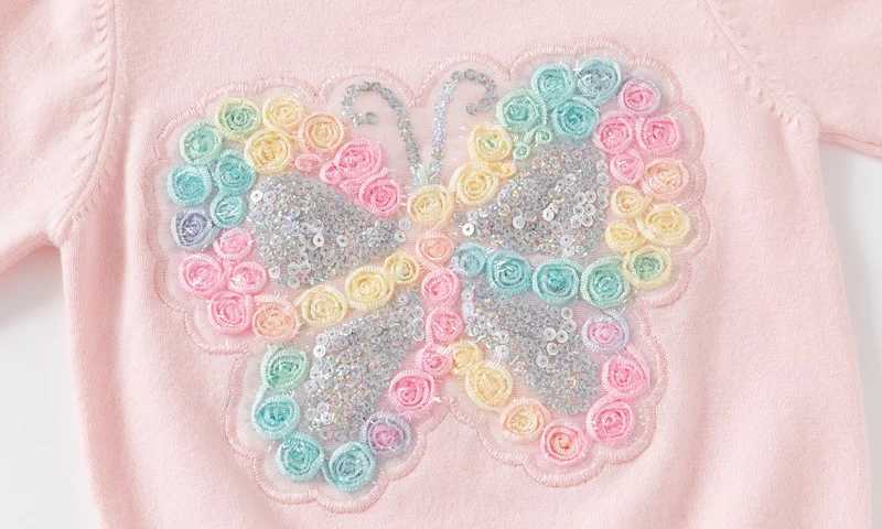 2024 Childrens Autumn New Baby Clothing sequin butterfly flower knitted top childrens pleated long sleeved cotton warm sweaterW240824