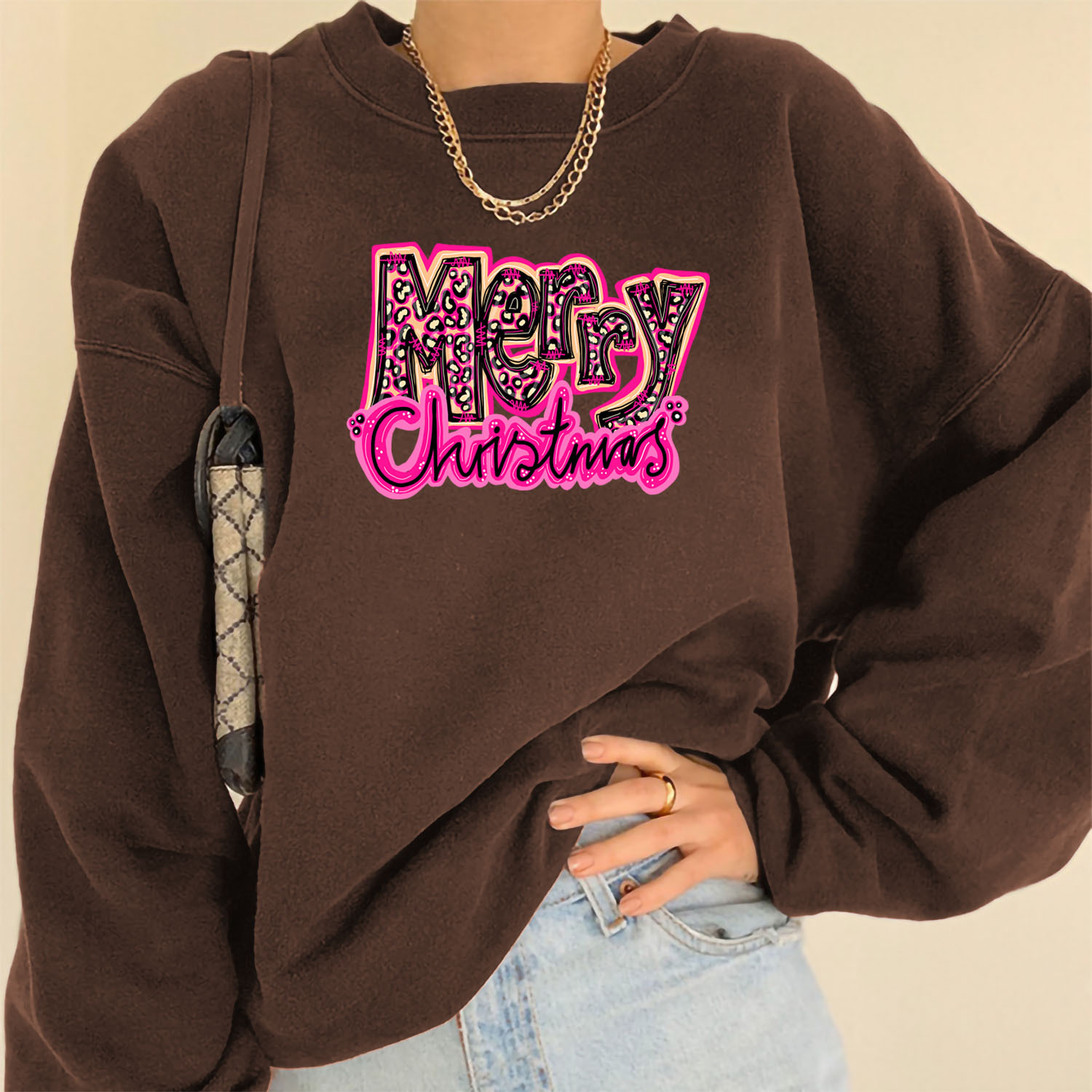 Merry round neck long sleeved shoulder for women with Christmas print plus size sweatshirt dongdumaoyi