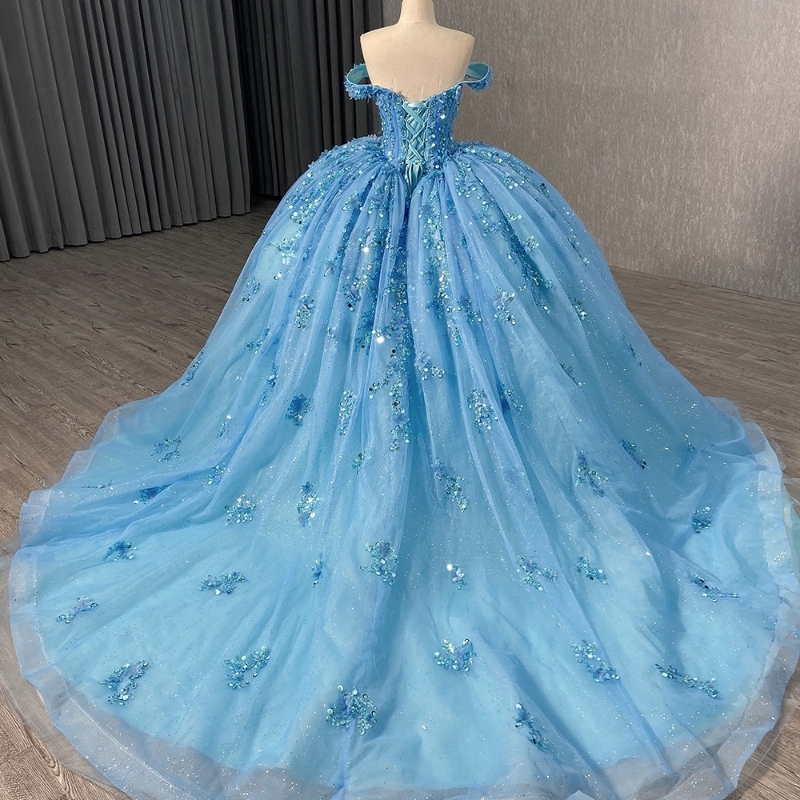 Sky Blue Shiny Quinceanera Dresses Off The Shoulder Party Birthday Dress Ball Gown Sequin Applique Lace Beads Sweet 16 Vestidos 15 De