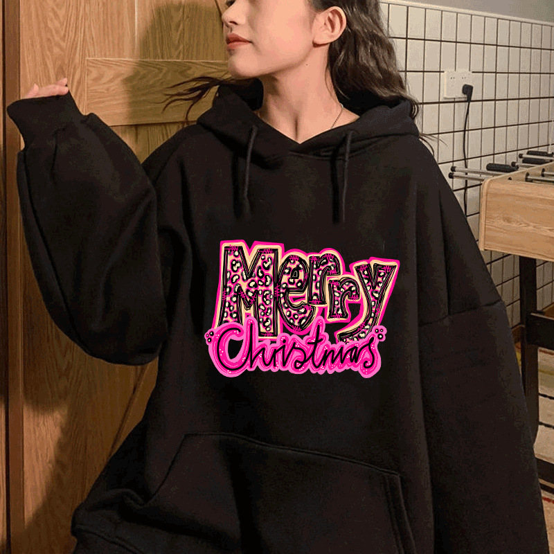 Autumn/Winter New Merry Christmas Printed Shoulder Down Large Hooded Fleece Hoodie dongdumaoyi