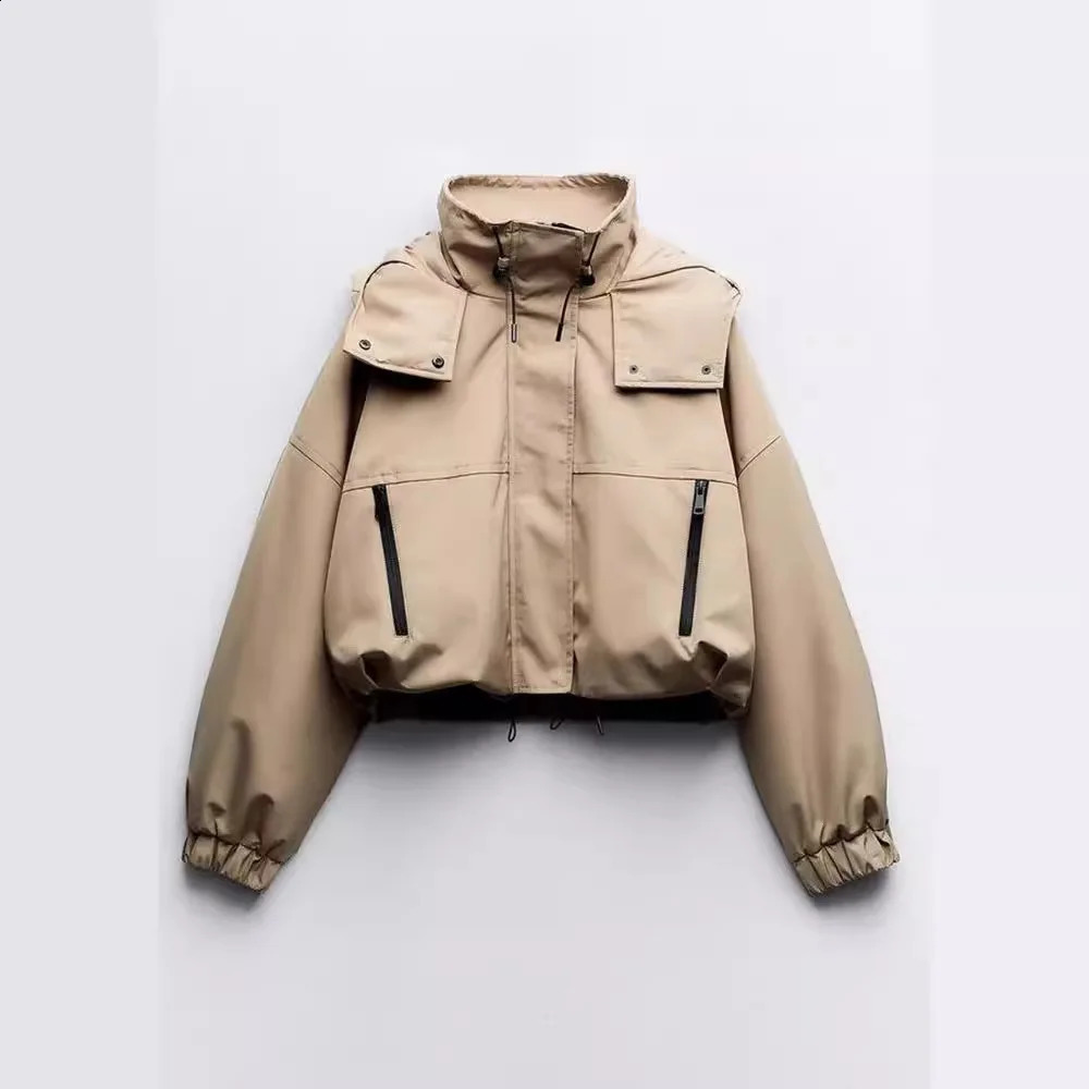 autumn and winter fashionable womens solid turtle neck hooded long sleeved pocket button zipper long sleeved short sleeved jacket 240826