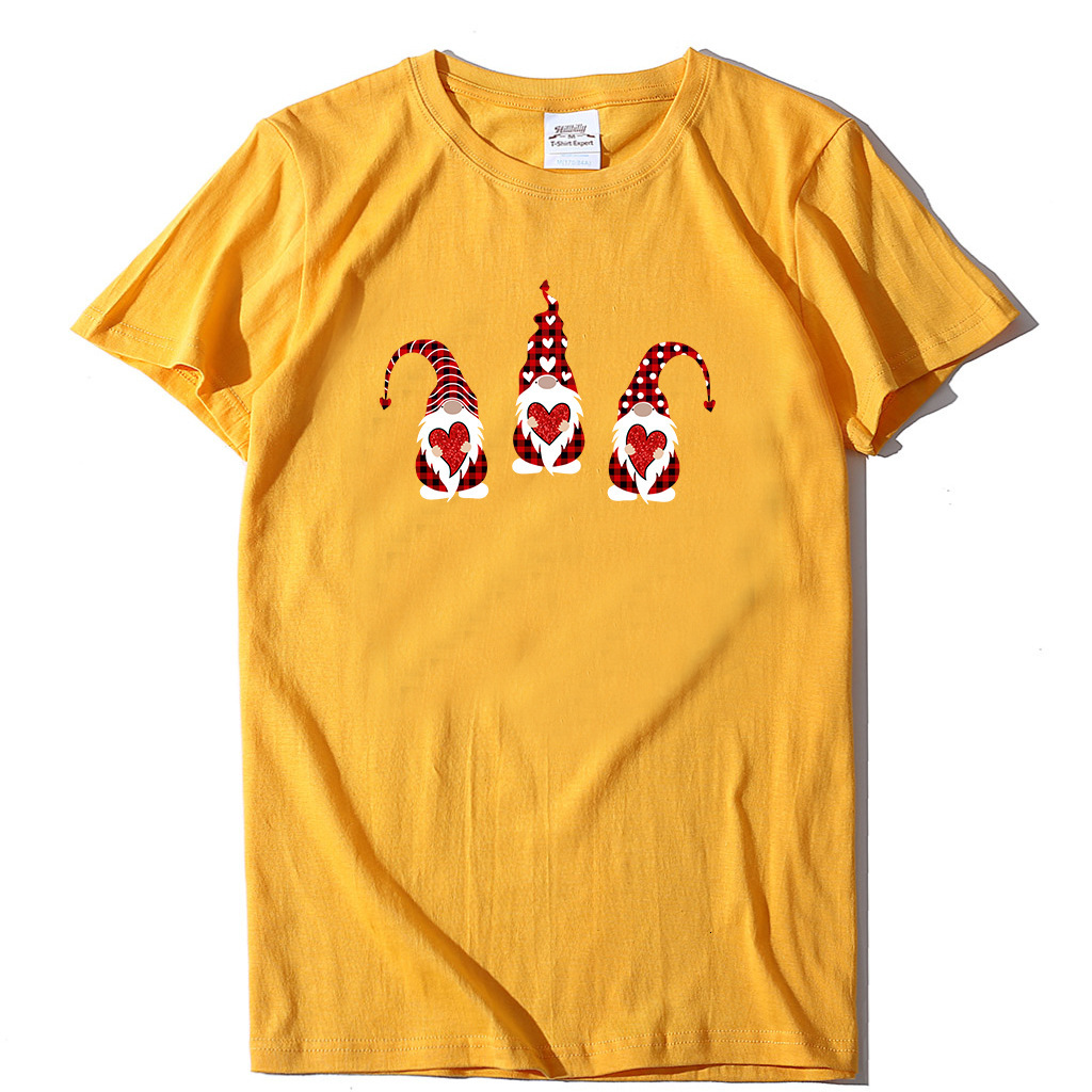 trendy T-shirt with three Santa Claus holding hearts printed multiple colors, available in cotton short sleeves dongdumaoyi