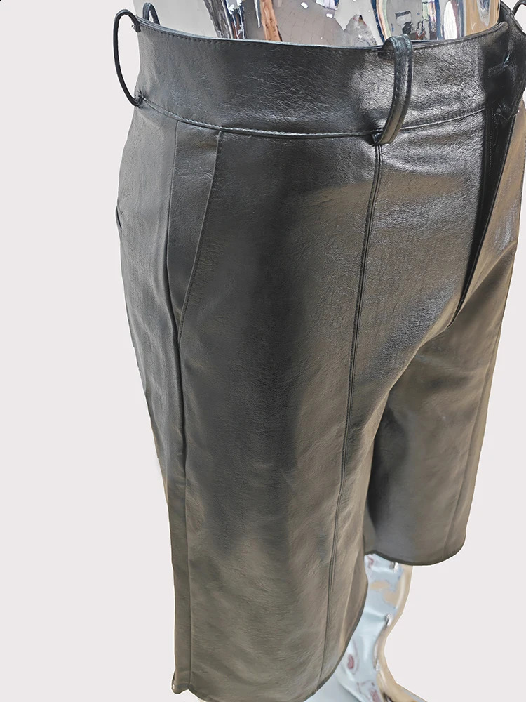 Mauroicardi Summer Autumn Cool Handsome Waterproof Black Pu Leather Shorts for Men High Waist Short Straight Pants Clothes 2024 240824 - view 6