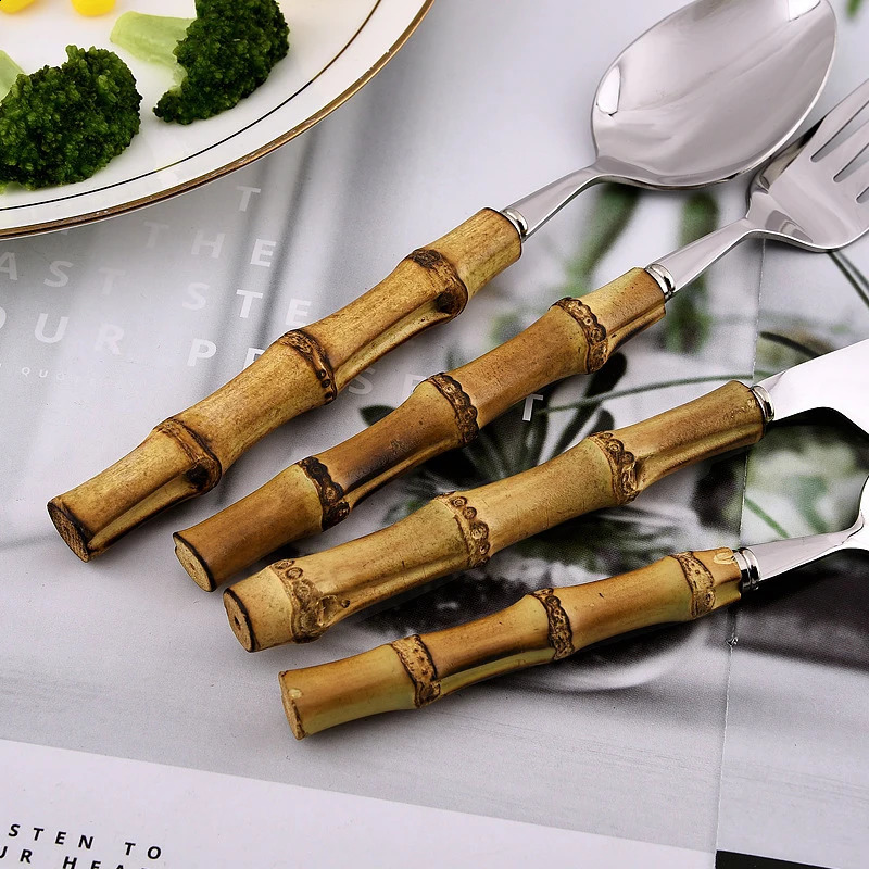 24 piece bamboo tableware set with stainless steel natural handle vintage cutlery knife table fork spoon dessert gift 240826