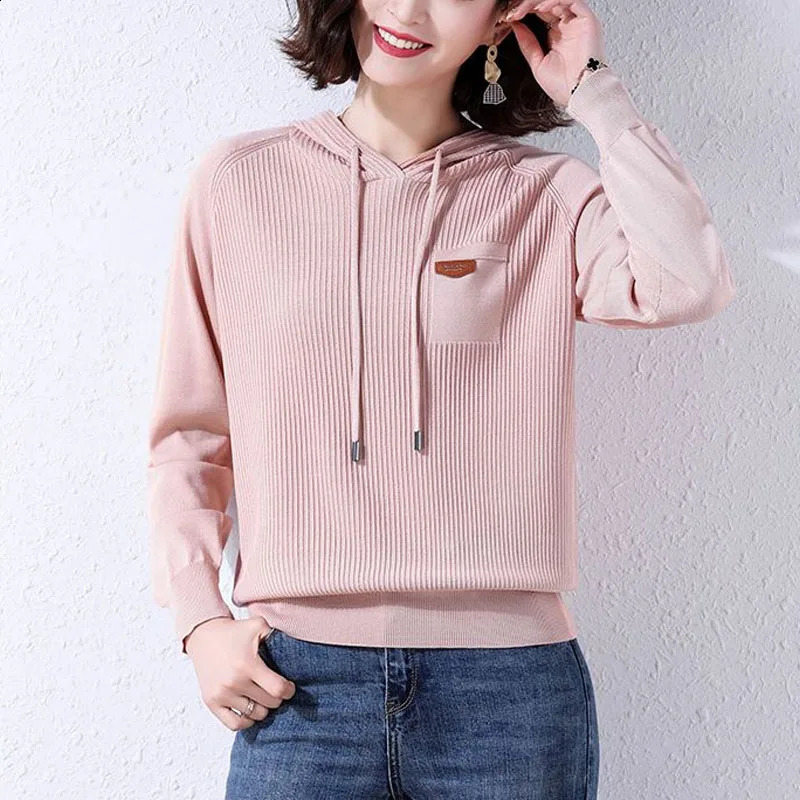 Spring and Autumn Fashion Solid Color Hooded Thread Ice Silk Knitted Sweater Temperament Womens Sweater 240824
