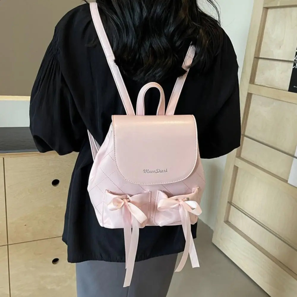 Korean style bow backpack ballet style double bow nylon handle Knapsack large capacity solid color Y2k school travel bag 240912