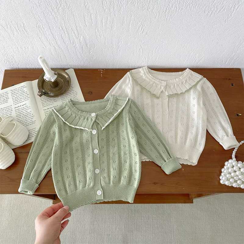 Childrens long sleeved doll collar sweater cardigan baby boy girl cotton casual top newborn spring thin knitted jacketW240824