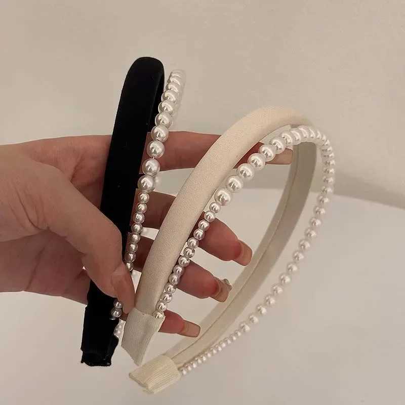 Narrow satin pearl double-layer headband womens headband retro elegant black and white sponge headband wedding hair accessory M240826