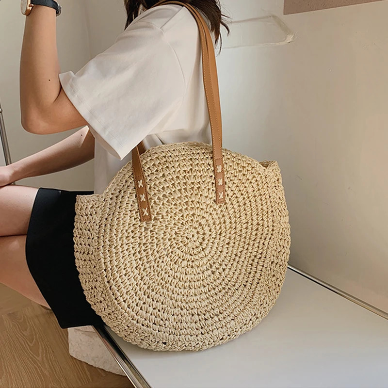 Summer Round Straw Shoulder Bags for Women Rattan Handmade Woven Beach Handbags Female Travel Casual Large Capacity Shopper Tote 240826