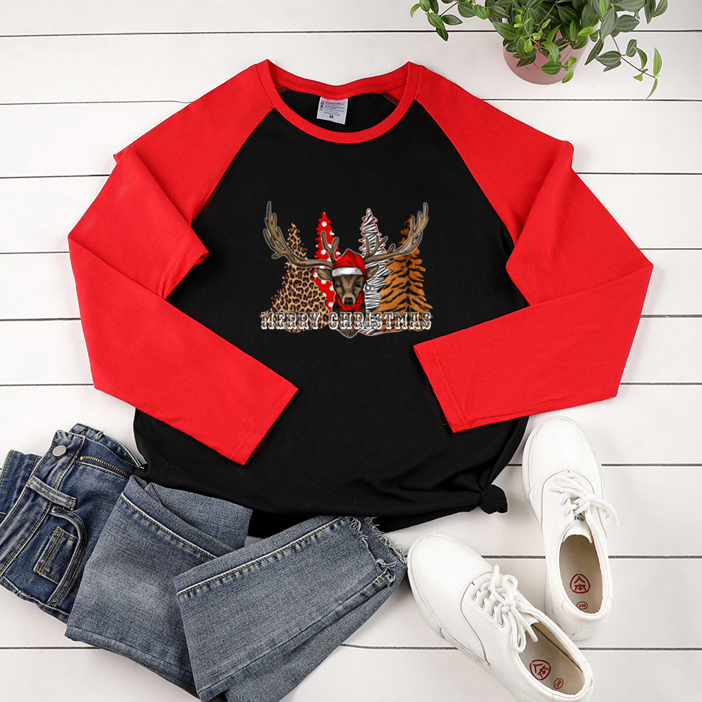 New autumn long sleeved leopard forest elk print shoulder length two-color top dongdumaoyi