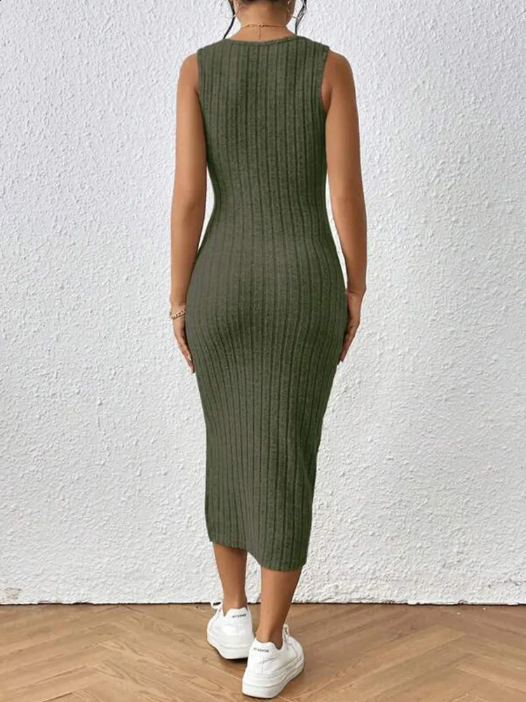 Womens Summer Solid Square Neck Tank Top Dress Fashion Knitted Side Seam Midi Sleeveless Casual 240826