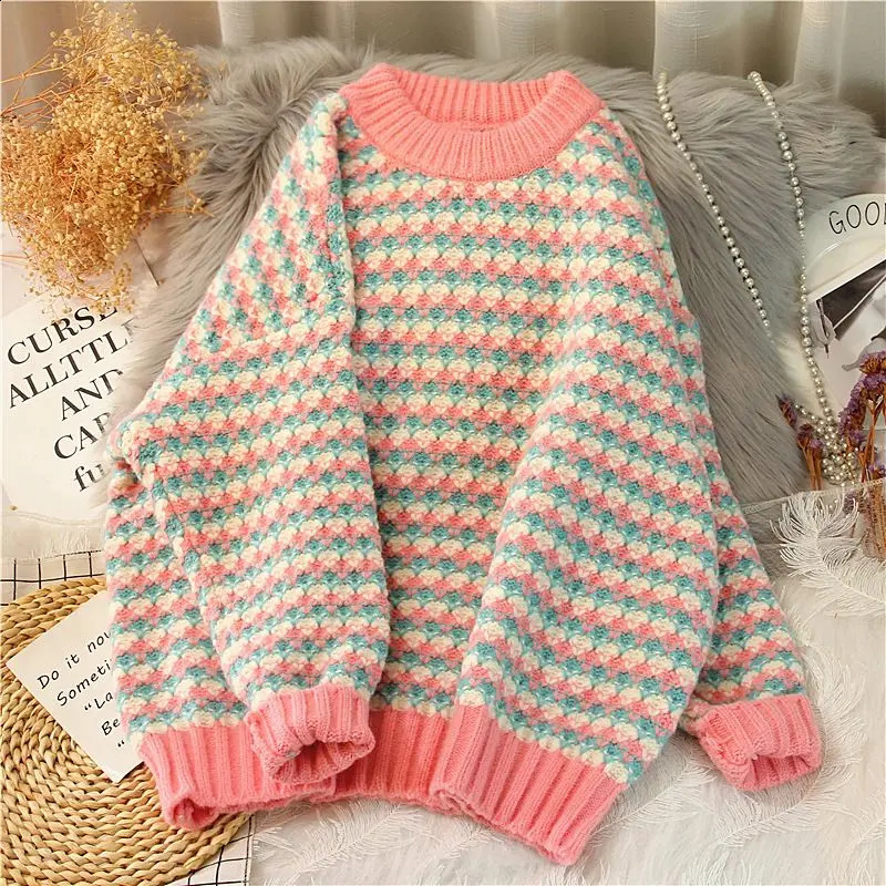 Sweet O-Neck loose striped sweater womens clothing winter ultra-fine knitted fully matched fleece casual top 240826