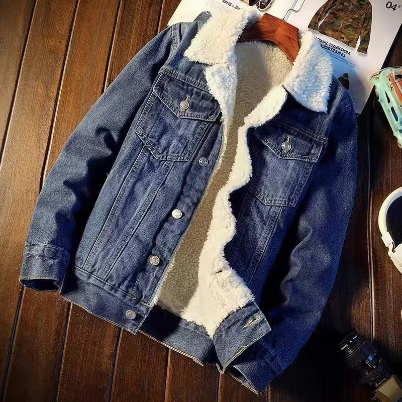 Plush lined denim jacket for men warm wool fashion pocket button mens 240824
