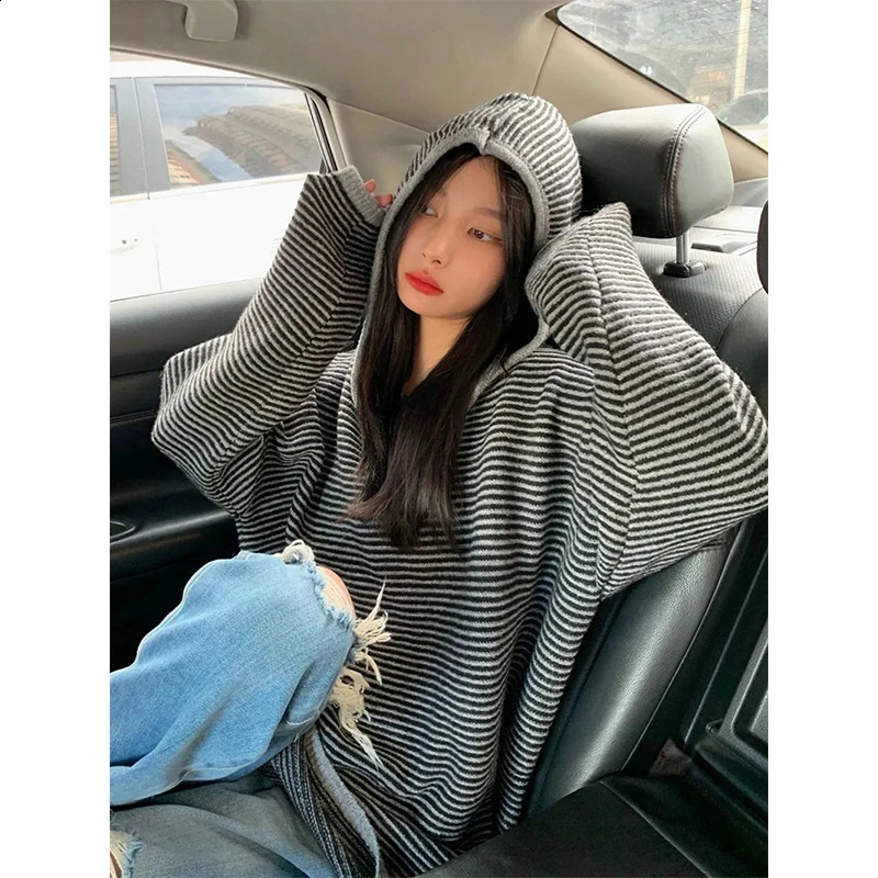 MEXZT Striped Hooded Sweater Womens Streetwear Oversized Knitted Pull Rod Y K Haruku Retro Korean Casual Jumper