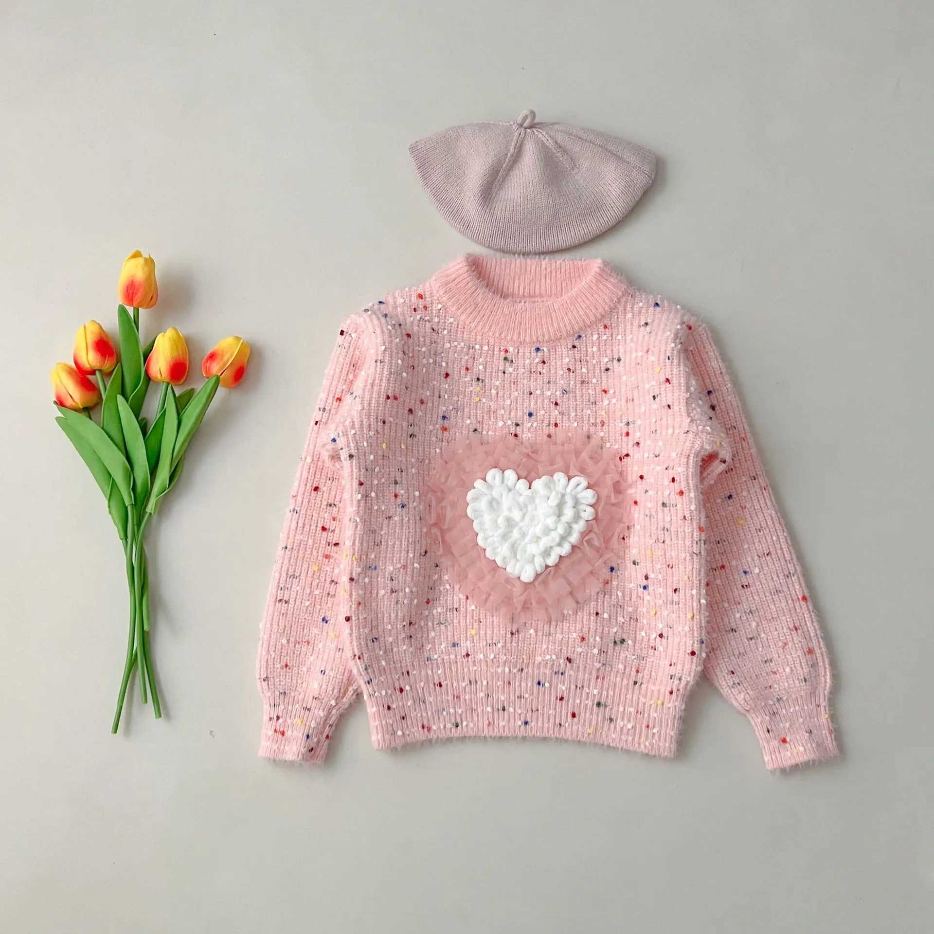 Autumn and Winter Preschool Girls Sweaters Loose Rainbow Dot Printed Thick Baby Girls Hoodies Loose Love Knitted Childrens Girls SweatersW240824