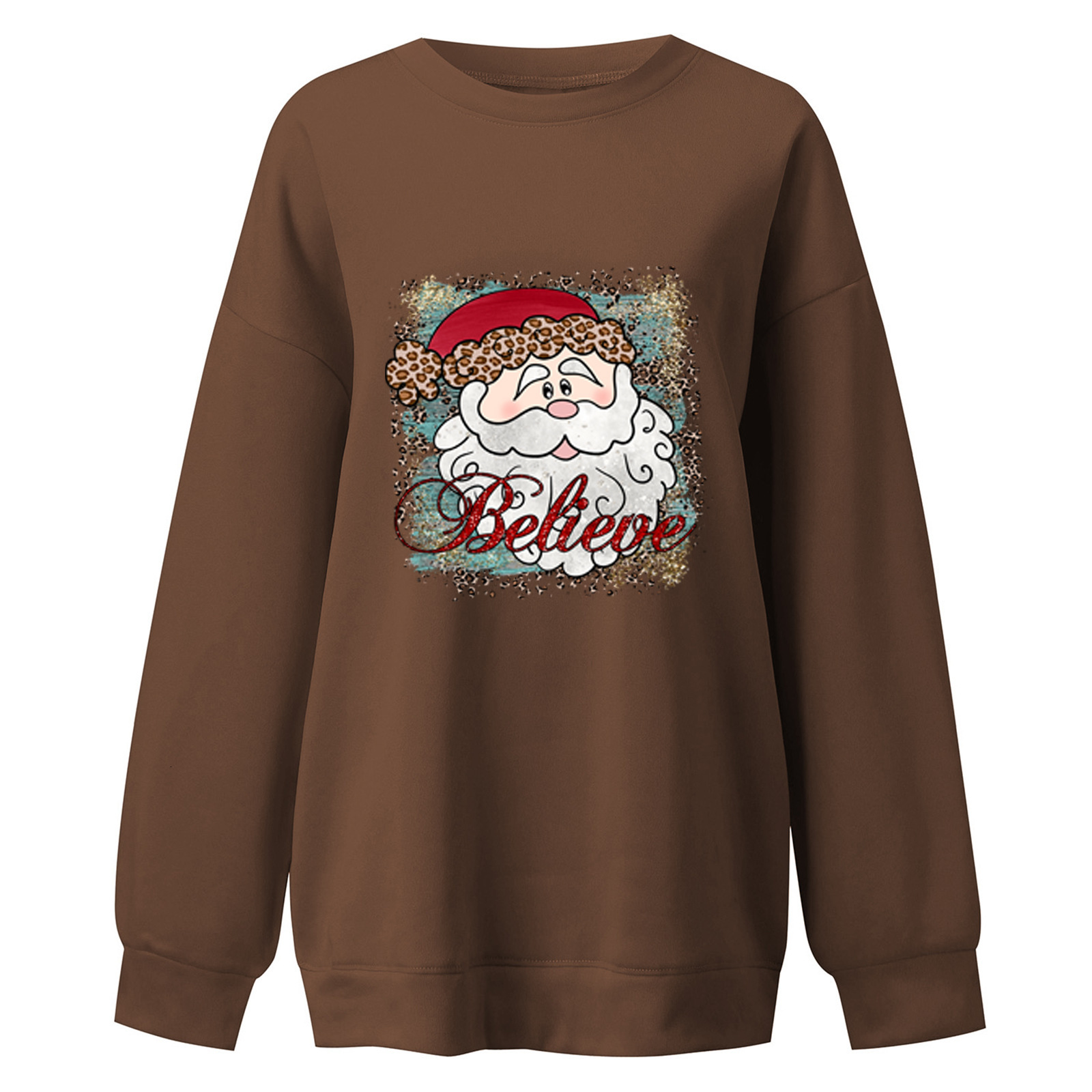 New plus size with believe pattern print and shoulder drop Christmas women's hoodie round neck dongdumaoyi