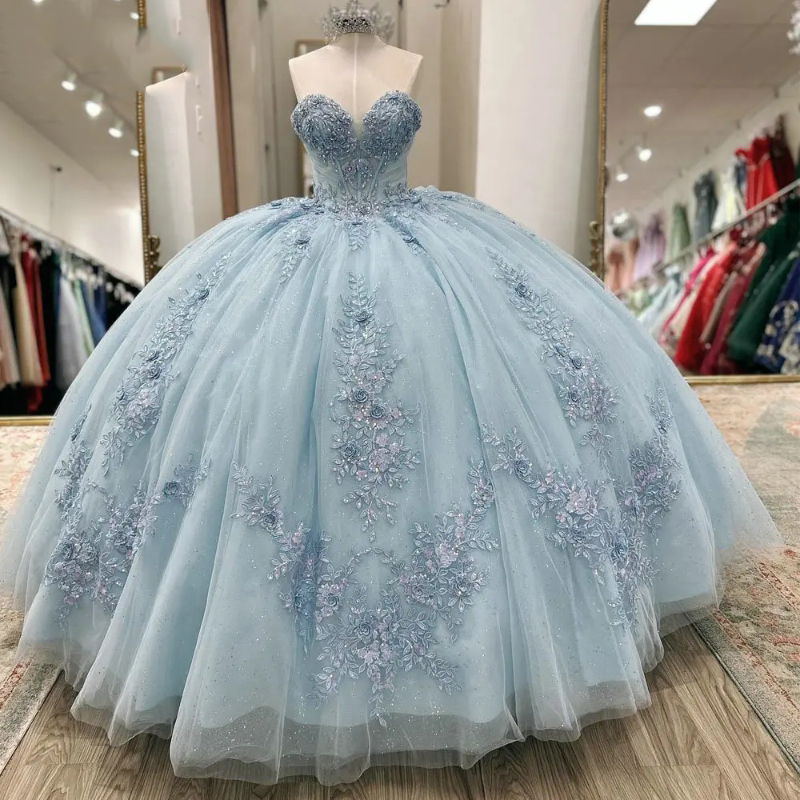 Light Blue Sweetheart Beading Ball Gown Quinceanera Dresses With Cape Appliques Lace Sweet 16 Vestido De 15 Anos