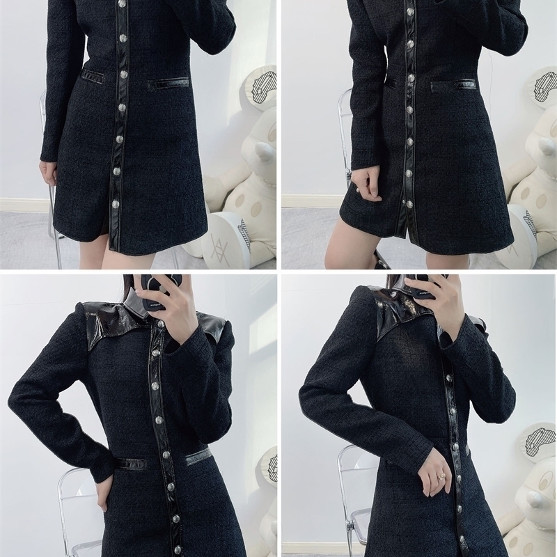 Faux Leather Splice Mini Dress Women Tweed Black Single Breasted Long Sleeve Lady Turn-Down Collar Robes Spring 240824