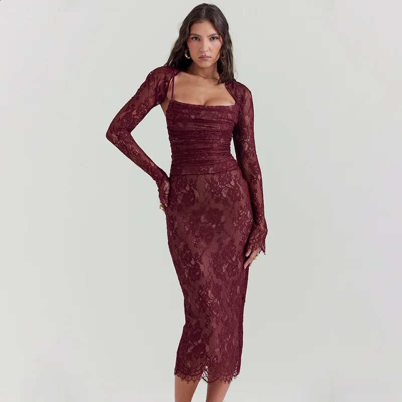 Gtpdpllt Lace Printed Bodycon Sexy Dress Womens 2024 Dress Elegant Evening Dress Party Set 2-piece Bodycon Midi Long Dress 240824