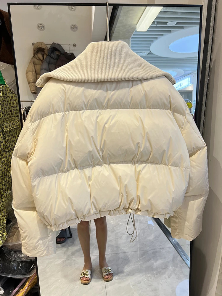 Winter Women Knitted Collar Down Jacket Short Loose Thin Fashion Thick White Duck Down Coat Fashionable Outerwear 240824