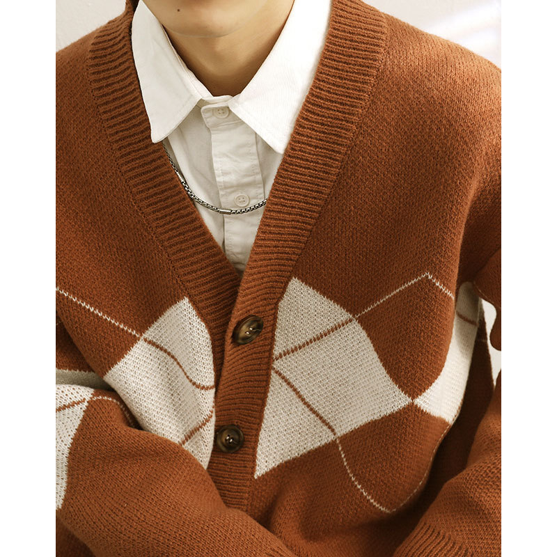 Korean Version New Loose Knitted Jacket Autumn and Winter Mens High-end and Stylish Design Diamond Grid Sweater Cardigan Mens