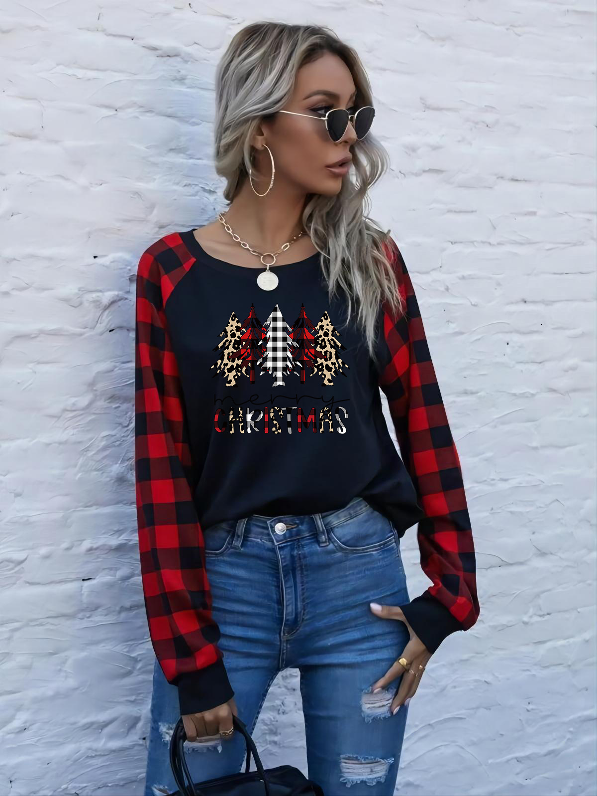 new autumn women's plaid shoulder long sleeved Christmas tree printed letter T-shirt top dongdumaoyi