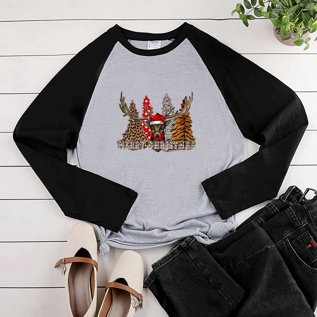 New autumn long sleeved leopard forest elk print shoulder length two-color top dongdumaoyi