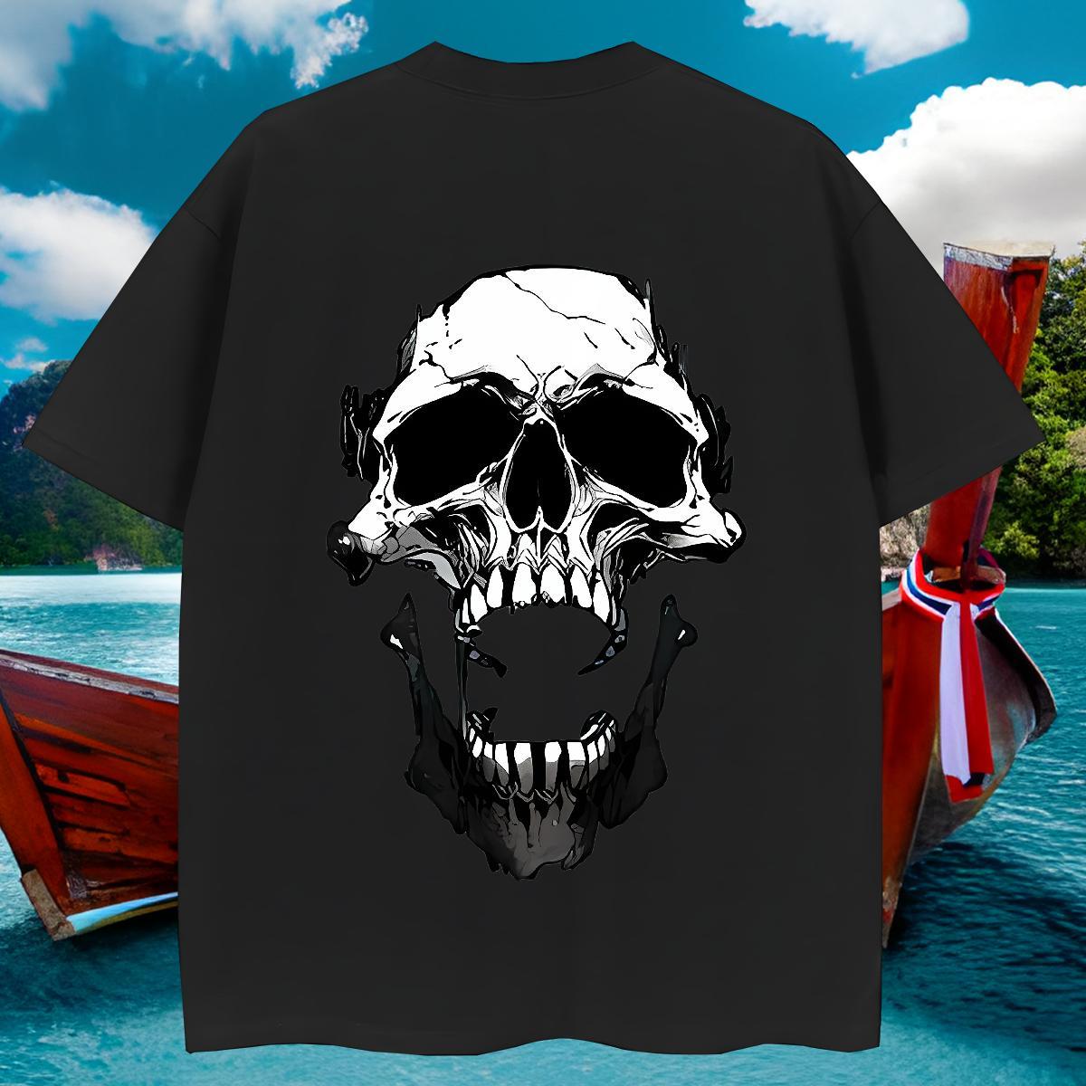 Wholesale T-Shirts 230g Cotton skull High Street Hip Hop Floral Print Crew Neck Breathable Couples T Shirts Fashion Tops Tees
