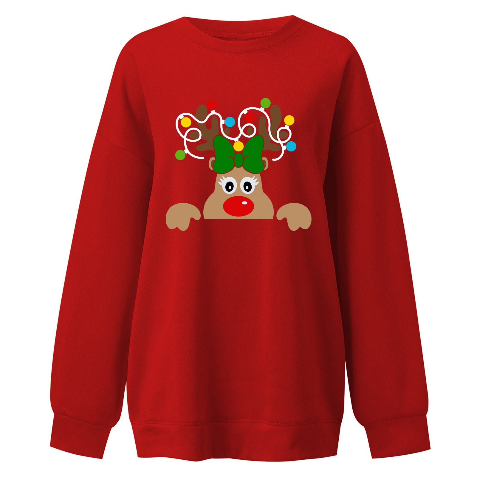 Elk Pattern Printed Women's Long Sleeve Large Size Fleece Falling Shoulder Rainbow Christmas Hoodie dongdumaoyi