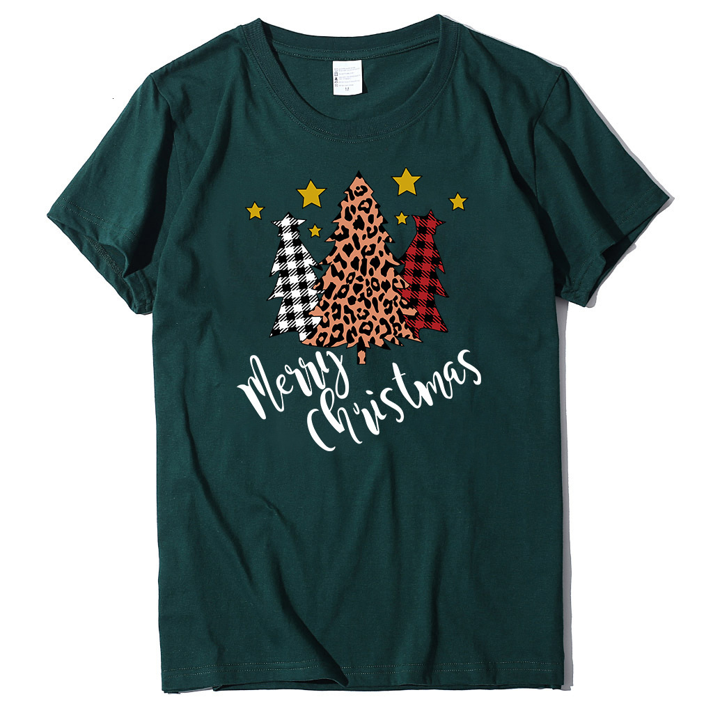Autumn round neck cotton short sleeved three pine tree printed women's loose T-shirt fashionable casual style dongdumaoyi