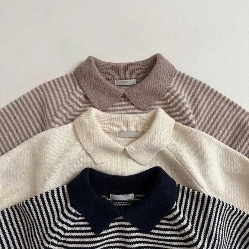 Childrens striped sweater autumn lapel pullover sweater boys and girls cotton loose top baby soft knit dressW240824