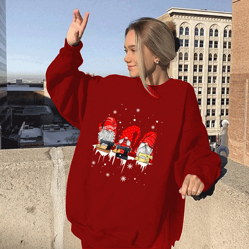 New Three Dwarfs Snowflake Print Shoulder Down Round Neck Fleece Hoodie Women's Top dongdumaoyi