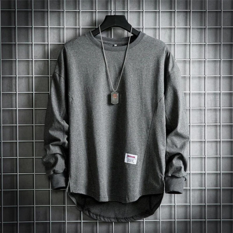 Mens Harajuku autumn fashion streetwear oversized long sleeved T-shirt solid and comfortable O-neck loose T-shirt mens Pulleys 240826