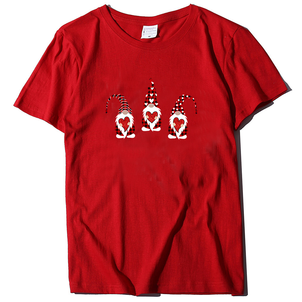 trendy T-shirt with three Santa Claus holding hearts printed multiple colors, available in cotton short sleeves dongdumaoyi