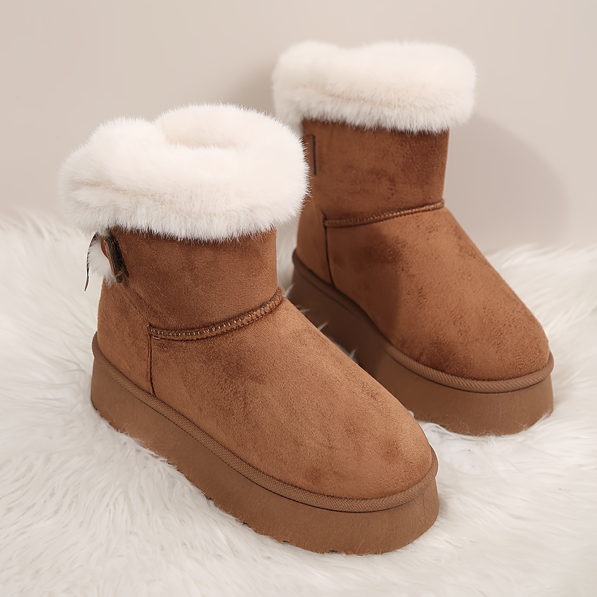 Womens Solid Color Platform Snow Boots Hook and Loop Fastener, Plush Fabric Lined, Comfortable Flat Heel, Round Toe, PVC Sole, Perfect for Casual Wint