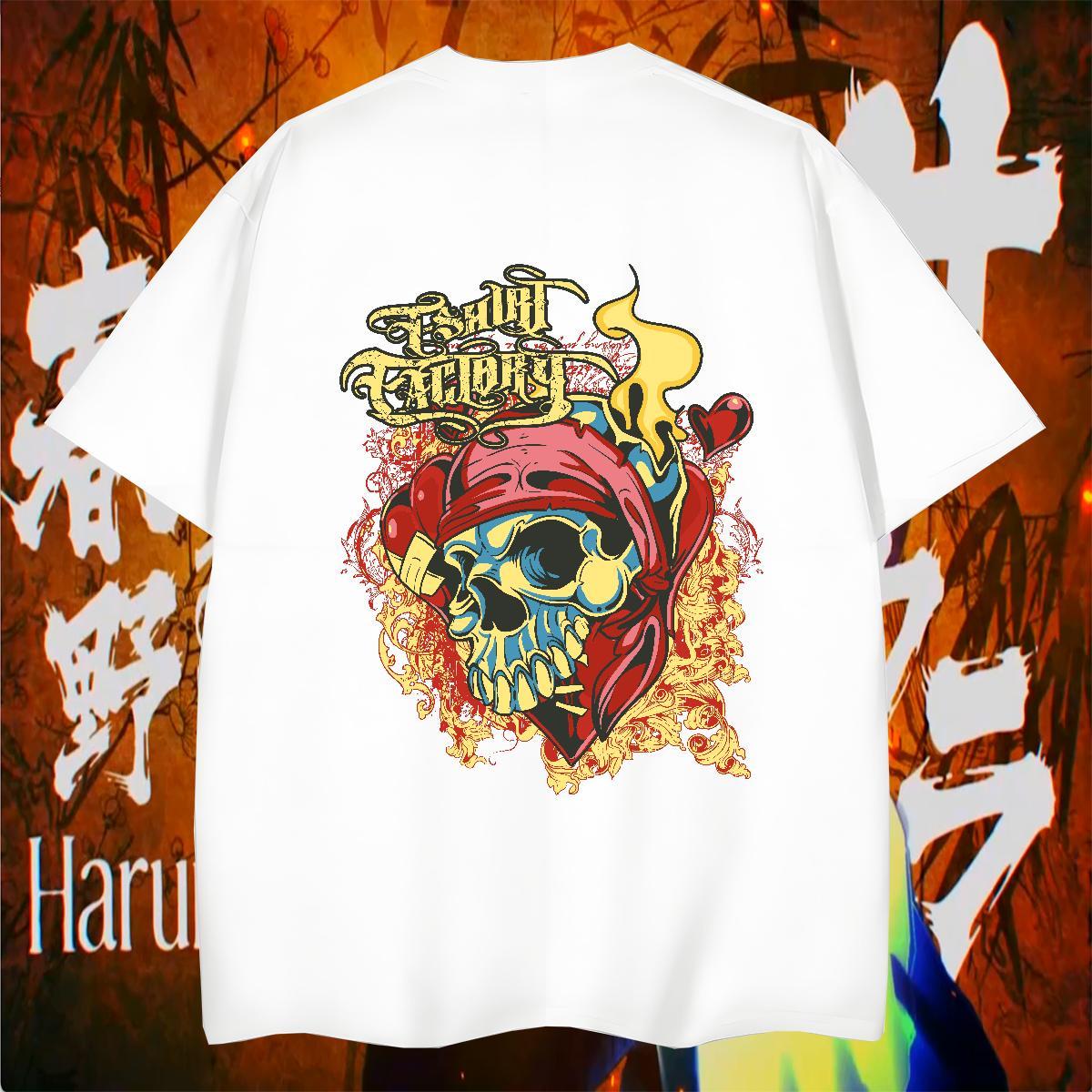 Wholesale T shirt 230g Cotton skull Anime Printing Street Black White O Neck Short Sleeves Tshirt for Man Woman Casual New Top Tees
