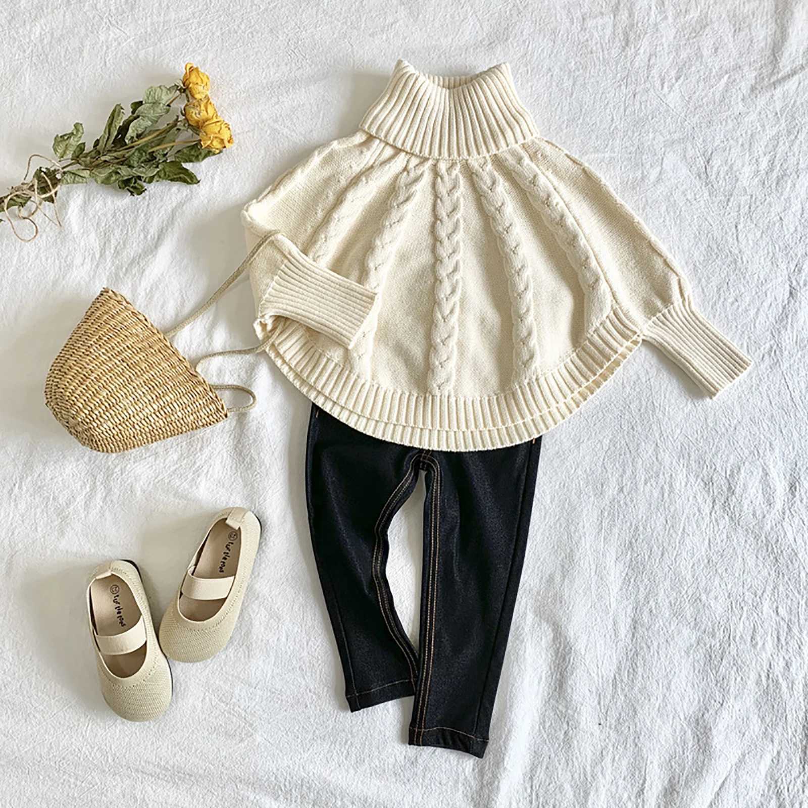1-6Y Childrens Girls Solid Color Sweater 2023 Autumn Winter Baby Long Bat Sleeve Turtle Neck Knitted Sweater Clothing Childrens ClothingW240824