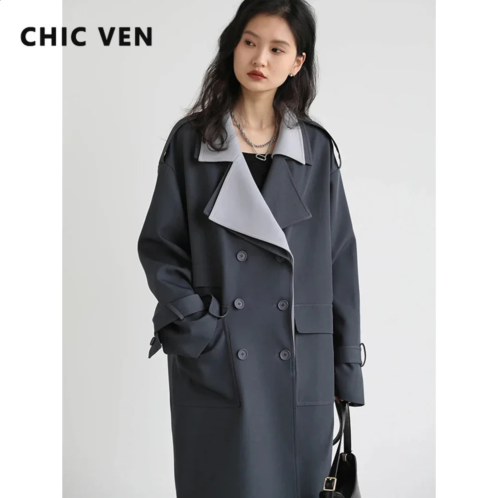 CHIC VEN Women Trench Coat Solid Loose Contrast Double Collar Double Breasted Long Womens Windbreaker Office Lady Spring Autumn 240824