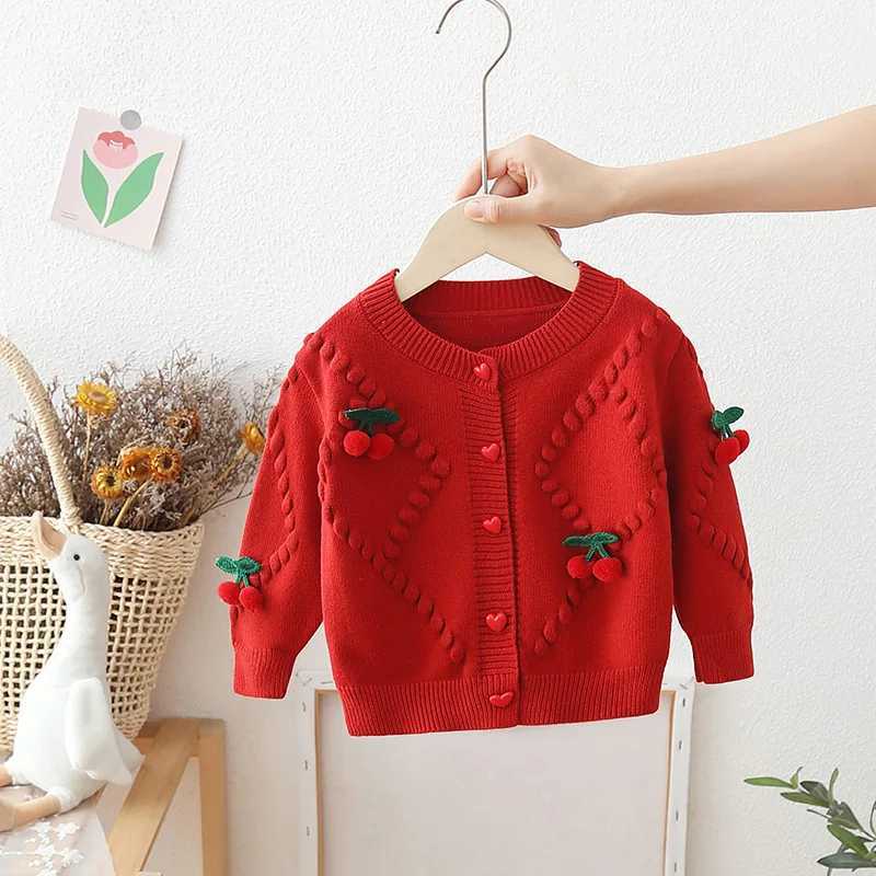 Autumn Little Girl Knit Cardigans 3D Cherry Love Button Kid Girl Open Stitch Coat Loose Solid Long Sleeve Baby Girl Sweater CoatsW240824