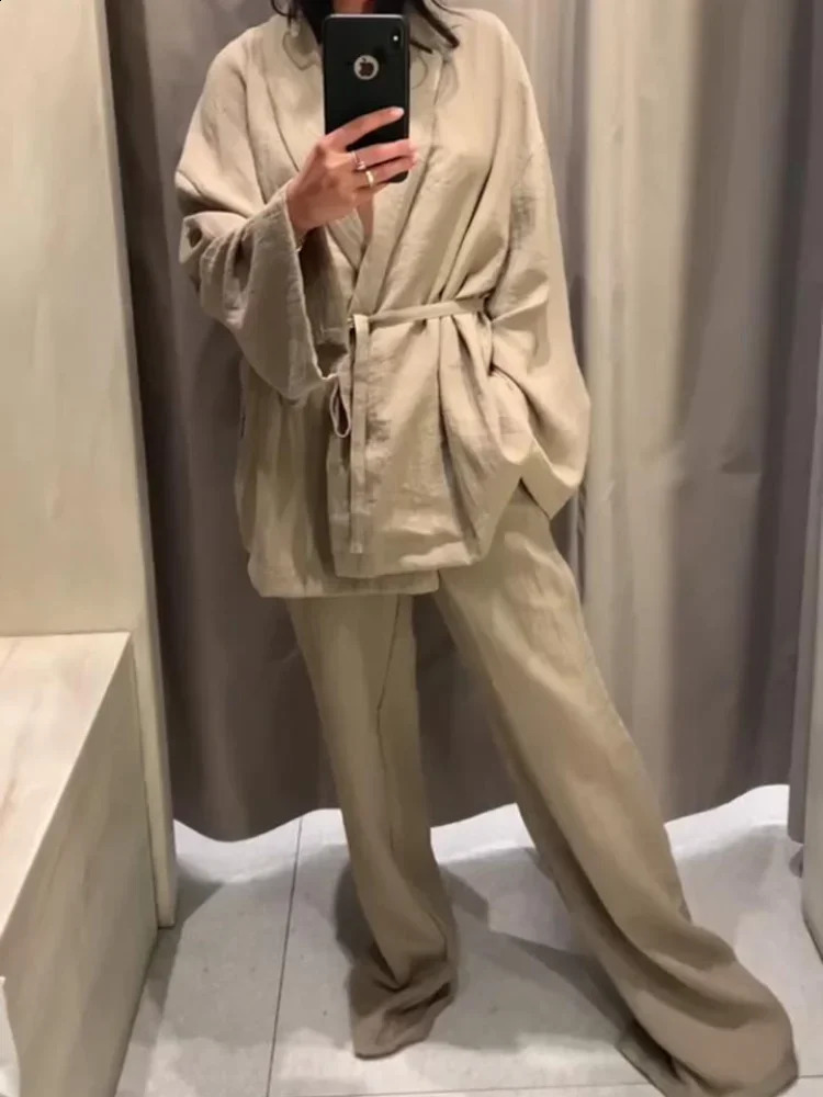 Casual Lace Up Shirt Pants Set Women Solid Lapel Long Sleeve Shirts Chic Female Suit Spring Loose Drawstring Wide Leg Sets 240826