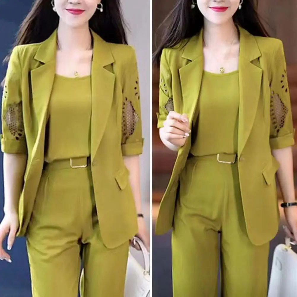 Plaid Splice Slim Fit Jacket Blazer Casual Wide Leg Pants Three Piece Elegant Womens Pants Vest Suit Summer Office Business Set 240826