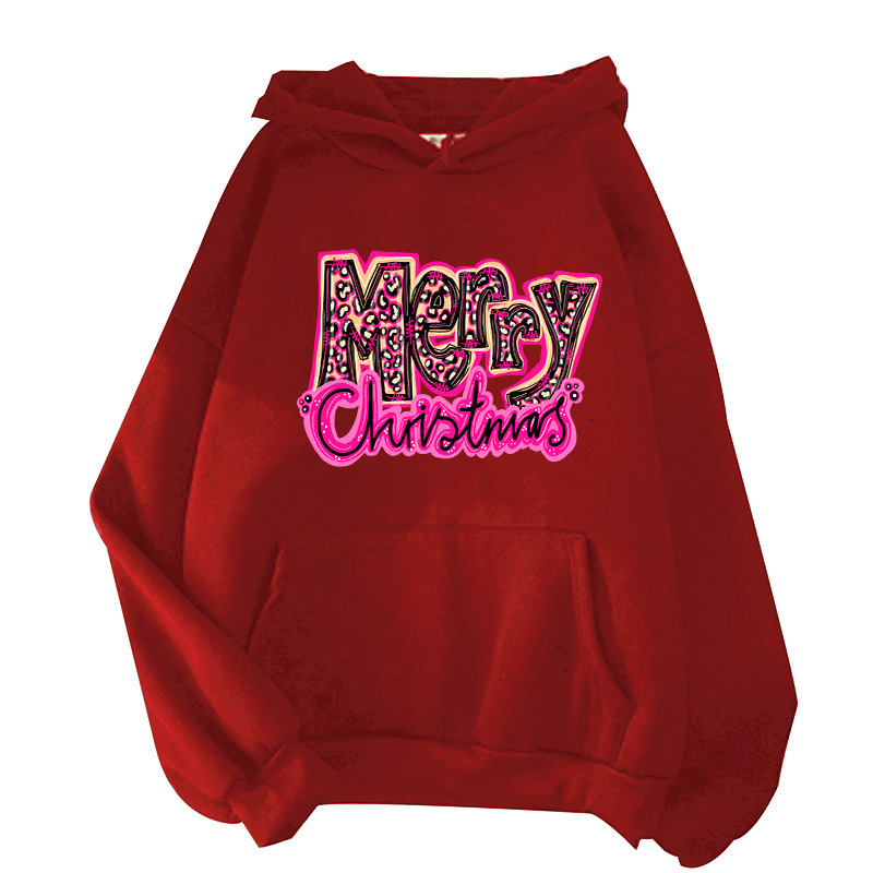 Autumn/Winter New Merry Christmas Printed Shoulder Down Large Hooded Fleece Hoodie dongdumaoyi