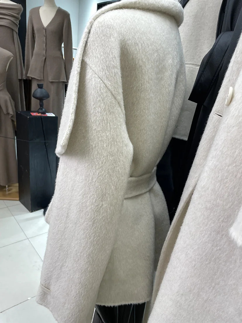 GkyocQ Korean Fashion Women Coat Wool Blends Lapel Collar Long Sleeve Waist Slim Belt Elegant All Match Female Coats Jacket 240826