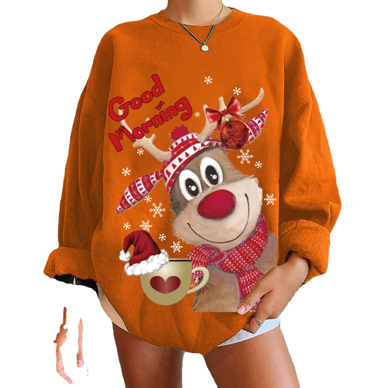 Good Morning ins Wind Elk Print Shoulder Drop Large Round Neck Fleece Sweater Women's dongdumaoyi