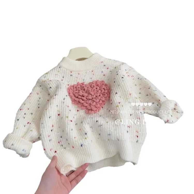 Childrens girl sweater winter 2023 new fashion three-dimensional love little girl Korean loose Versatile Knitwear baby girl topW240824