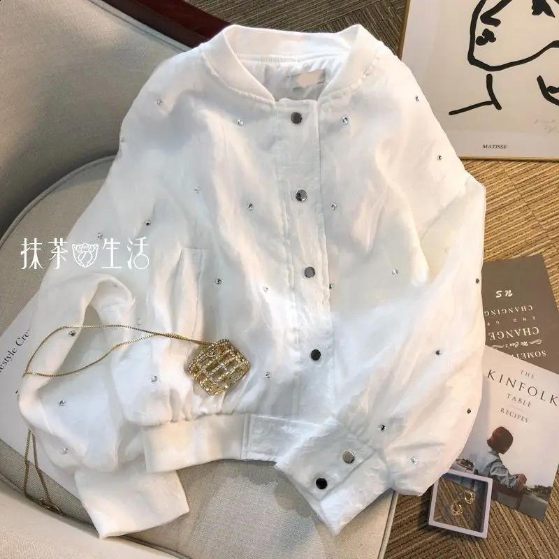 White Short Jacket Womens Loose And Versatile Jacket For Summer Baseball Jacket Top 240827