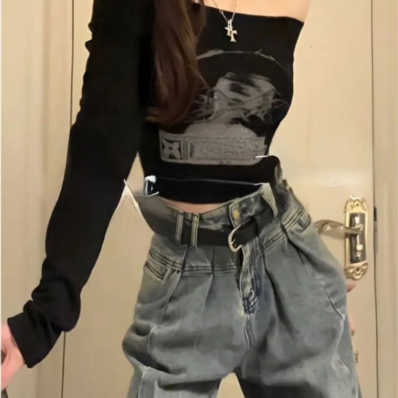 Black womens shirt slanted collar long sleeved printed T-shirt Ropa Mujer Harajuku sexy crop top fashionable Korean casual Y2k T-shirt 240826