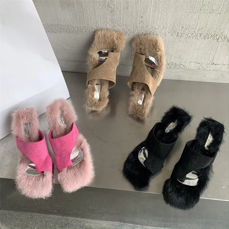 Womens True Rabbit Fur High Heel Sandals Ultra Fine High Heel Fur Slider 240827